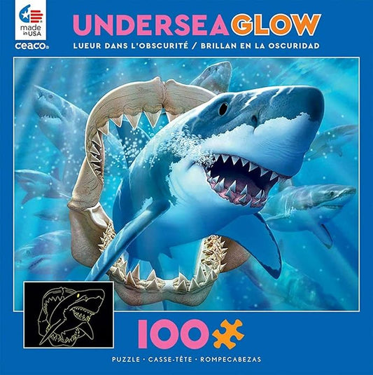 Ceaco - 100 Piece Undersea Glow - Great White Delight GLOW IN THE DARK, Kids Jigsaw Puzzle